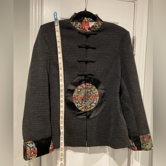 April Cornell Size S Asian Inspired Gray Blazer Silky Appliqué Rope Buttons - Picture 8 of 14